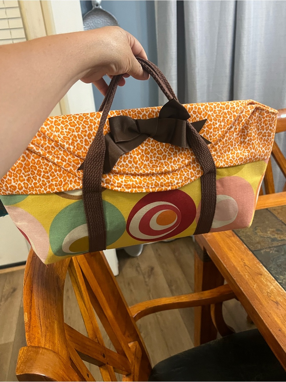 Printed Canvas Tote Bag with Brown Trim and Bow